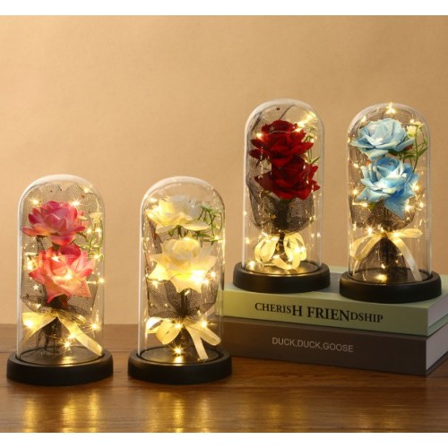 Ramo de rosas de jabón con luces LED cálidas en cúpula acrílica – Regalo romántico y decorativo – Por Mayoreo LED946
