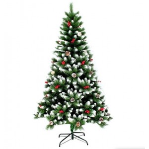 Árbol navideño de 180 cm con efecto nevado, piñas de pino y frutos rojos. Ideal para hogares, oficinas y negocios. Incluye base metálica estable y ramas de gran volumen- Por Mayoreo   M9169-7