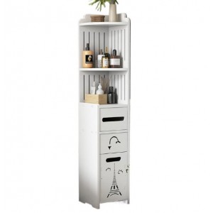 Mueble organizador de baño tipo torre vertical color blanco con repisas superiores abiertas y tres compartimentos con puertas y cajones inferiores. Por Mayoreo M9247-3