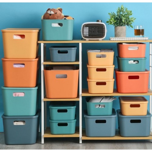 Cajas organizadoras plásticas con agarraderas laterales – colores surtidos – multiusos para hogar u oficina 27.5x18x12cm, Por Mayoreo N344