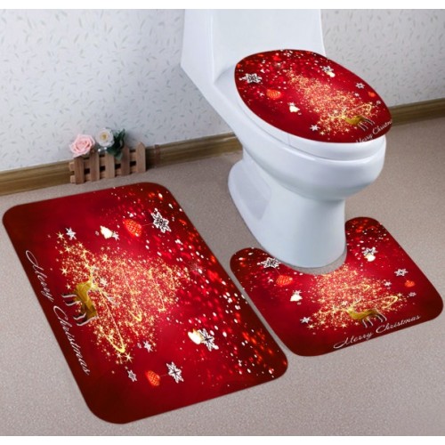 Juego de baño navideño 3 piezas de Terciopelo con diseño elegante, Antideslizantes – Diseño “Feliz Navidad”.  Por Mayoreo T-30101