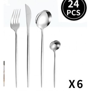 Juego de cubiertos de acero inoxidable 401 set de 24 piezas para 6 personas, incluye cuchillos, tenedores, cucharas y cucharitas. Ideal para uso diario u ocasiones especiales.Por Mayoreo V3-068