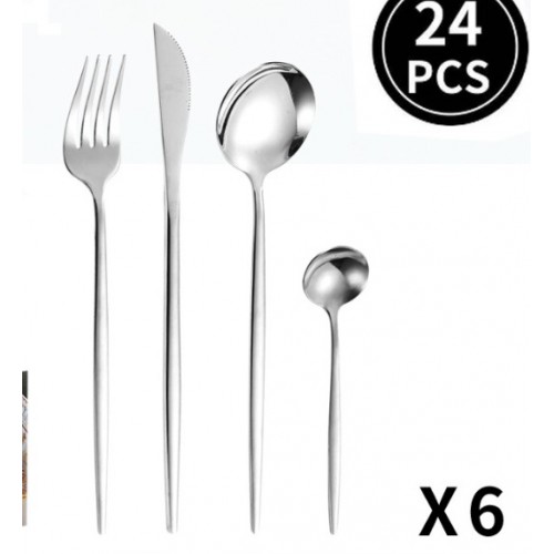 Juego de cubiertos de acero inoxidable 401 set de 24 piezas para 6 personas, incluye cuchillos, tenedores, cucharas y cucharitas. Ideal para uso diario u ocasiones especiales.Por Mayoreo V3-068