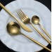 Set de 24 cubiertos dorados de acero inoxidable con diseño moderno y elegante. Set elegante de 24 piezas y perfecto para mesa fina, hogar o restaurante. Cuchillo, tenedor, cuchara y cucharita Por Mayoreo V3-069