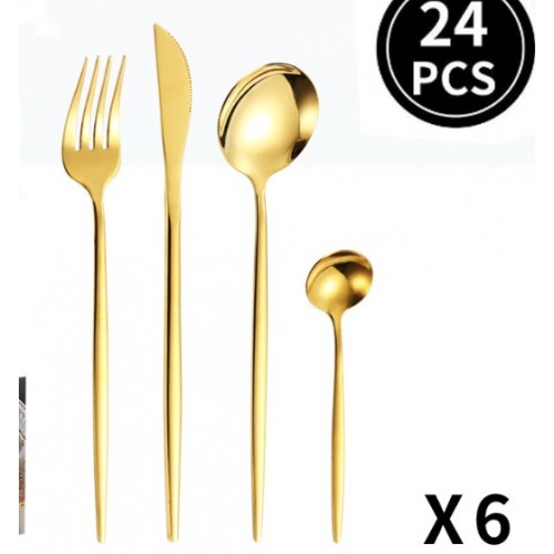 Set de 24 cubiertos dorados de acero inoxidable con diseño moderno y elegante. Set elegante de 24 piezas y perfecto para mesa fina, hogar o restaurante. Cuchillo, tenedor, cuchara y cucharita Por Mayoreo V3-069