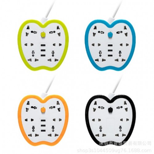 Enchufe Múltiple con Forma de Manzana – 4 Tomas Universales + 4 Puertos USB – Colores Variados, para cargar todos tus dispositivos al mismo tiempo Por Mayoreo  W-JPC511