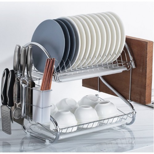 Escurridor metálico cromado de 2 niveles para platos, tazas y cubiertos. Resistente, práctico y elegante para tu cocina. Por Mayoreo  WL264-38