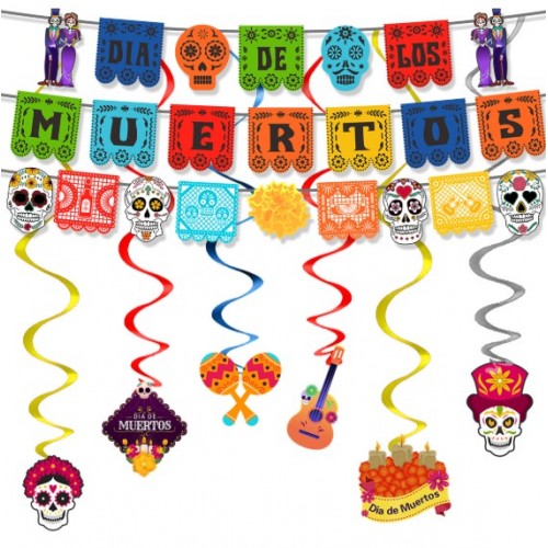 Banderines colgantes de papel picado Día de Muertos con calaveras y colores vivos – Decoración mexicana para altar y fiesta Por Mayoreo WSJ-8528