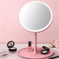 Espejo redondo de maquillaje con luz LED táctil, diseño moderno de mesa en colores blanco y rosa, portátil y regulable para rutinas de belleza y cuidado personal, Mayoreo WSM-2593