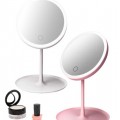 Espejo redondo de maquillaje con luz LED táctil, diseño moderno de mesa en colores blanco y rosa, portátil y regulable para rutinas de belleza y cuidado personal, Mayoreo WSM-2593