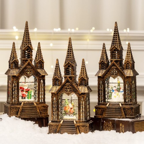 Iglesia navideña decorativa estilo vintage con Santa Claus y árbol de Navidad, luces LED y efecto de nieve. diseño diferentes Por Mayoreo D-21654