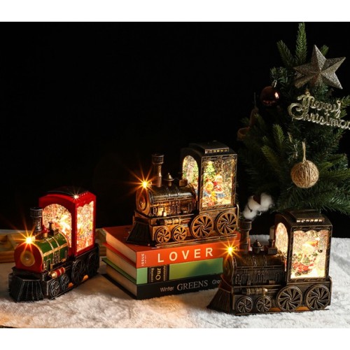Tren navideño decorativo vintage color bronce con niños, árbol de Navidad y regalos, luces LED, Por Mayoreo D-21656