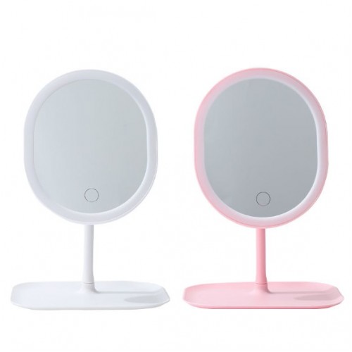 Espejo de tocador con luz LED táctil regulable, diseño ovalado portátil con base organizadora para maquillaje y cuidado personal- Por Mayoreo  WSM-2595