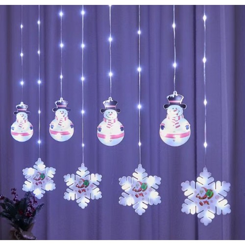 Cortina de luces LED navideñas con muñecos de nieve y copos iluminados. Perfecta para ventanas, paredes, ideal para interiores. Por Mayoreo S-60079
