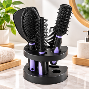 Set de cepillos y peines para cabello con práctica base organizadora. Ideal para mantener los accesorios ordenados en casa o salón. Venta por mayoreo.