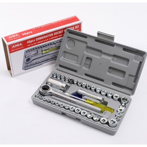 Juego de 40 piezas con dados, matraca, extensión y desarmador. Incluye estuche compacto de 24 × 12.5 cm. Ideal para reparaciones, mecánica, autos y uso doméstico. Venta por mayoreo 13693