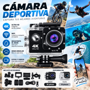 Cámara deportiva 4K con WiFi, carcasa impermeable y accesorios de montaje. Ideal para deportes extremos, viajes y actividades al aire libre. Venta por mayoreo.