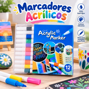 Set de 12 marcadores acrílicos en colores surtidos para dibujo, decoración, manualidades y proyectos creativos en diversas superficies. Venta por mayoreo.