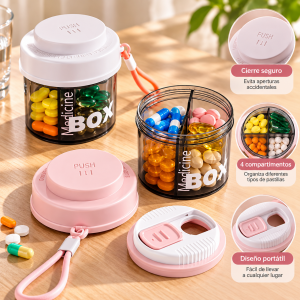 Pastillero portátil con 4 compartimentos, cierre práctico y correa para transportar. Ideal para organizar pastillas y cápsulas. Venta por mayoreo.
