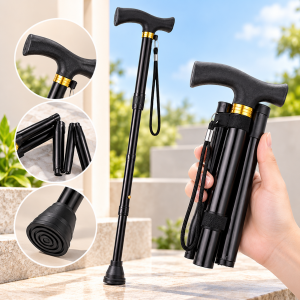 Bastón plegable portátil con mango ergonómico, correa de muñeca y base de goma antideslizante. Compacto y fácil de transportar. Venta por mayoreo.