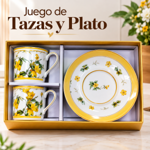 Juego de 2 tazas con plato, diseño floral y detalles decorativos. Presentación en caja, ideal para el hogar o regalo. Venta por mayoreo.