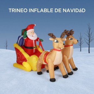 Trineo inflable de Navidad con Papá Noel y renos. Cuenta con luces LED y es fácil de instalar para interiores y exteriores. Venta por mayoreo. 