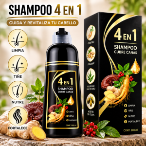 Shampoo 4 en 1 de 500 ml para limpieza, coloración y cuidado del cabello. Con extractos botánicos y fórmula diseñada para cubrir canas. Venta por mayoreo.