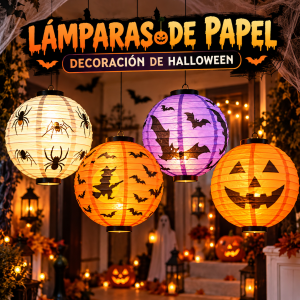 Lámpara colgante de papel con diseños de Halloween como calabazas, brujas, murciélagos y arañas. Ideal para fiestas y decoración temática. Venta por mayoreo.