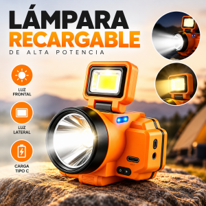 Lámpara recargable con reflector frontal, luz auxiliar ajustable y carga Tipo C. Ideal para camping, trabajo y emergencias. Venta por mayoreo.