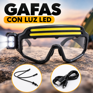 Gafas con iluminación LED frontal y lateral, sistema recargable y cable Tipo C. Ideales para camping, reparaciones y actividades con poca luz. Venta por mayoreo.