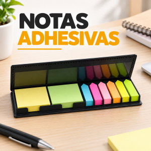Set de notas adhesivas y banderitas de colores con práctico estuche organizador. Ideal para escuela, oficina, apuntes y organización. Venta por mayoreo.