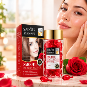 Cápsulas faciales SADOER con aceite de rosa mosqueta. Ideales para hidratar, suavizar y aportar luminosidad a la apariencia de la piel. Venta por mayoreo.