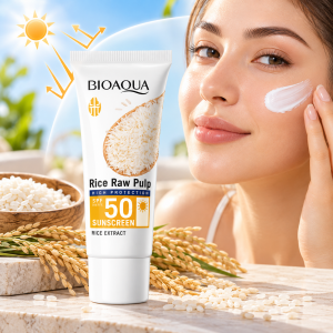 Protector solar facial BIOAQUA SPF 50 con extracto de arroz. Presentación de 40 g, práctica para complementar el cuidado diario de la piel. Venta por mayoreo.