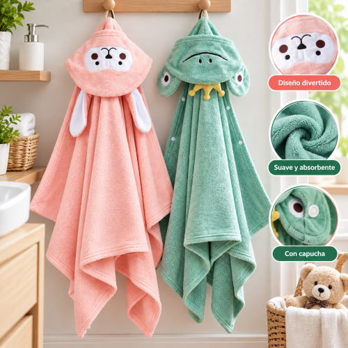 Toalla infantil de terciopelo con capucha  y divertido diseño de animal. Práctica para después del baño y disponible en diferentes colores y diseños. Venta por mayoreo.