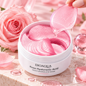 Parches de hidrogel BIOAQUA con rosa y ácido hialurónico para hidratar y suavizar la apariencia del contorno de ojos. Venta por mayoreo.