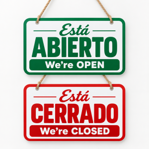 Compra por mayoreo letrero colgante de abierto y cerrado de doble cara. Diseño verde y rojo, señalización bilingüe, ideal para negocios y comercios.