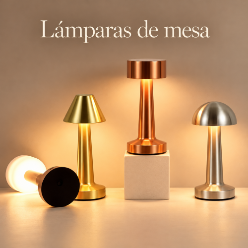 Lámpara de mesa decorativa en tonos dorado, cobre y plateado. Diseños elegantes para complementar espacios interiores. Venta por mayoreo.