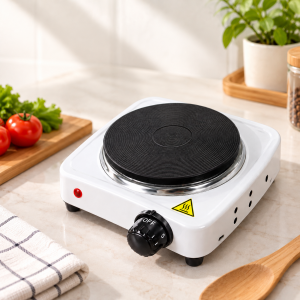 Hornilla eléctrica portátil con placa sólida, control de calentamiento e indicador luminoso. Diseño compacto de un quemador. Venta por mayoreo.