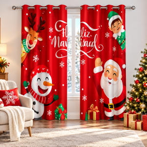 Cortina navideña de 2 piezas con estampado rojo de Santa, reno, muñeco de nieve y motivos de Navidad. Ideal para decorar diferentes espacios. Venta por mayoreo.