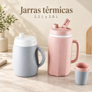 Jarra térmica con asa, tapa y boquilla. Presentaciones de 2.2 y 2.8 litros con acabado texturizado. Disponible para venta por mayoreo.