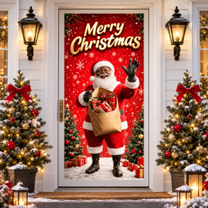 Tapiz decorativo navideño para puerta con diseño de Santa Claus, regalos y copos de nieve. Ideal para decorar entradas en Navidad. Venta por mayoreo.