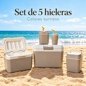 Set de cinco piezas con tres hieleras y dos recipientes para bebidas. Disponible en colores surtidos para venta por mayoreo.