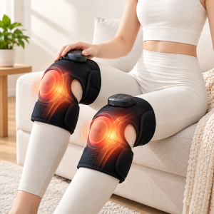 Masajeador eléctrico para rodilla con función de calor, diseño envolvente y controles integrados. Ideal para descanso y relajación. Venta por mayoreo.