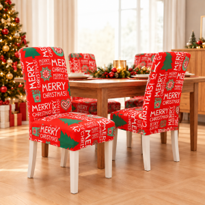 Funda elástica para silla con estampado navideño en rojo, verde y blanco. Ideal para decorar comedores, fiestas y eventos de Navidad. Venta por mayoreo.