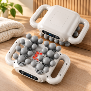 Masajeador eléctrico corporal con múltiples rodillos, agarraderas laterales y controles integrados. Práctico para masaje y relajación. Venta por mayoreo.