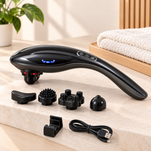 Masajeador eléctrico de mano con diseño ergonómico, controles integrados y diferentes cabezales intercambiables para masaje corporal. Venta por mayoreo.