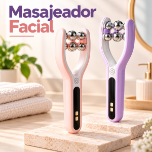 Masajeador facial eléctrico con múltiples rodillos y diseño ergonómico. Ideal para complementar rutinas de belleza y relajación. Venta por mayoreo.