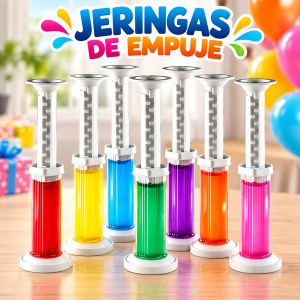 Jeringa de empuje reutilizable en colores surtidos, práctica para gelatinas, repostería y decoración de alimentos. Venta por mayoreo.