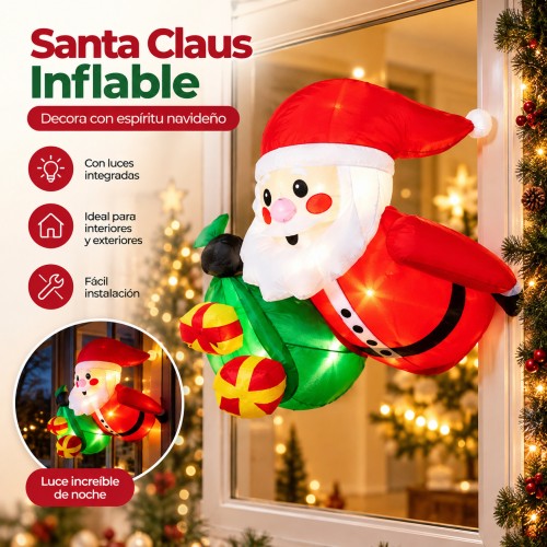 Santa Claus inflable con luces integradas, ideal para decorar ventanas, fachadas, negocios y espacios navideños. Venta por mayoreo.
