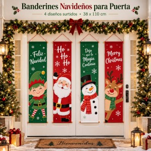 Banderines decorativos navideños para puerta con diseños surtidos de temporada. Medida aproximada de 38 x 110 cm, ideales para decorar entradas, puertas, negocios, ventanas, pasillos o espacios del hogar durante Navidad.